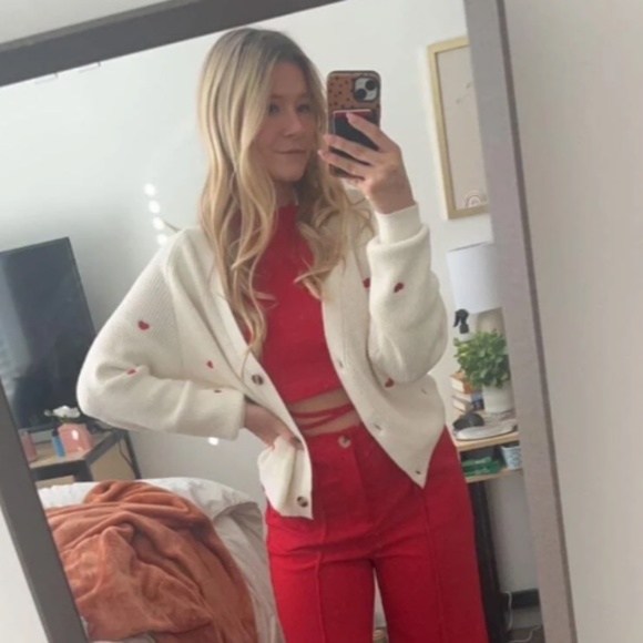 Red Hearts on Cream Knit Cardigan Oversized Long Sleeve Buttons Embroidered - Picture 10 of 15